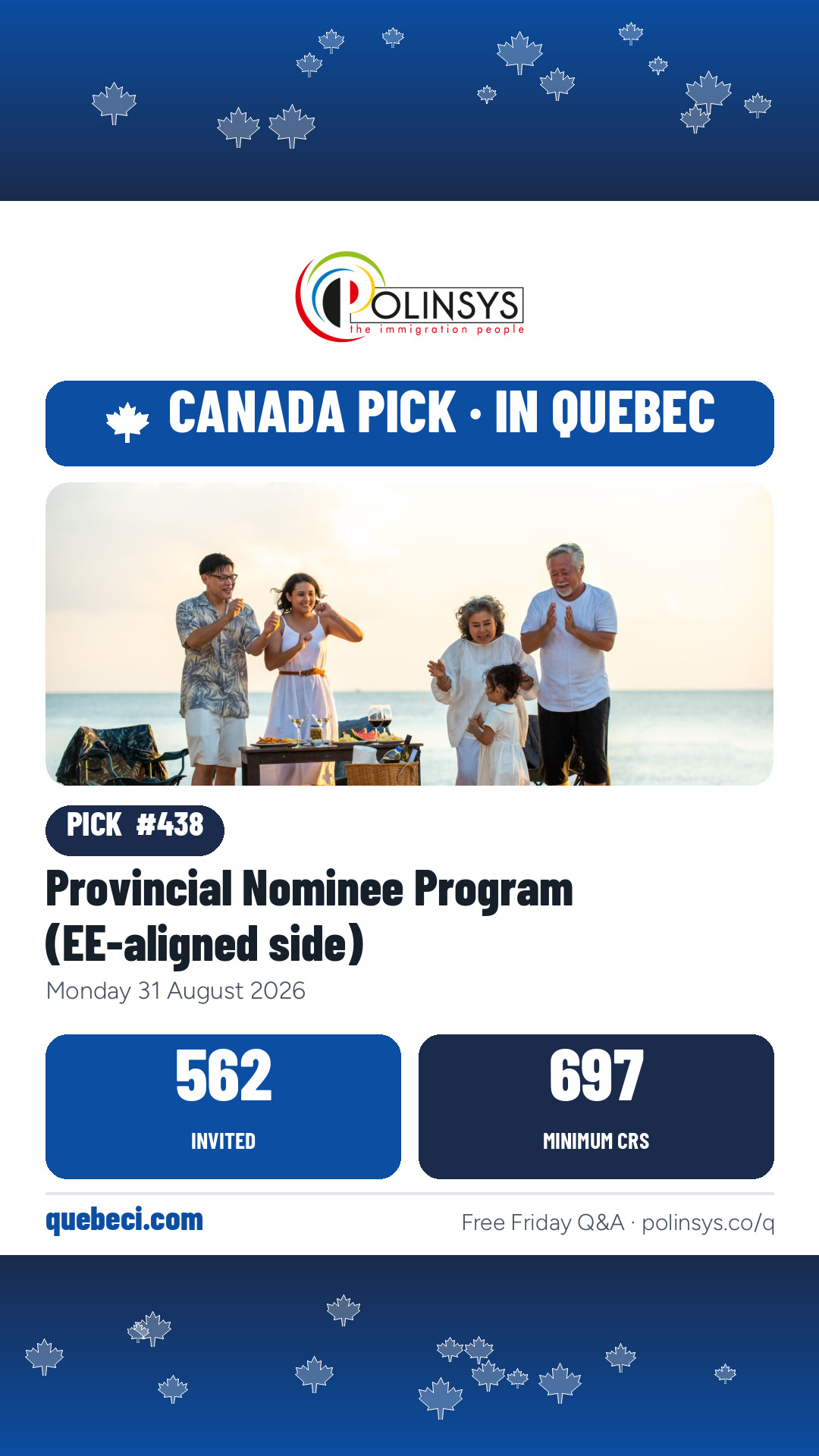 Provincial Nominee Program (EE-aligned side) — 562 invitations, 31 August 2026 — in Quebec